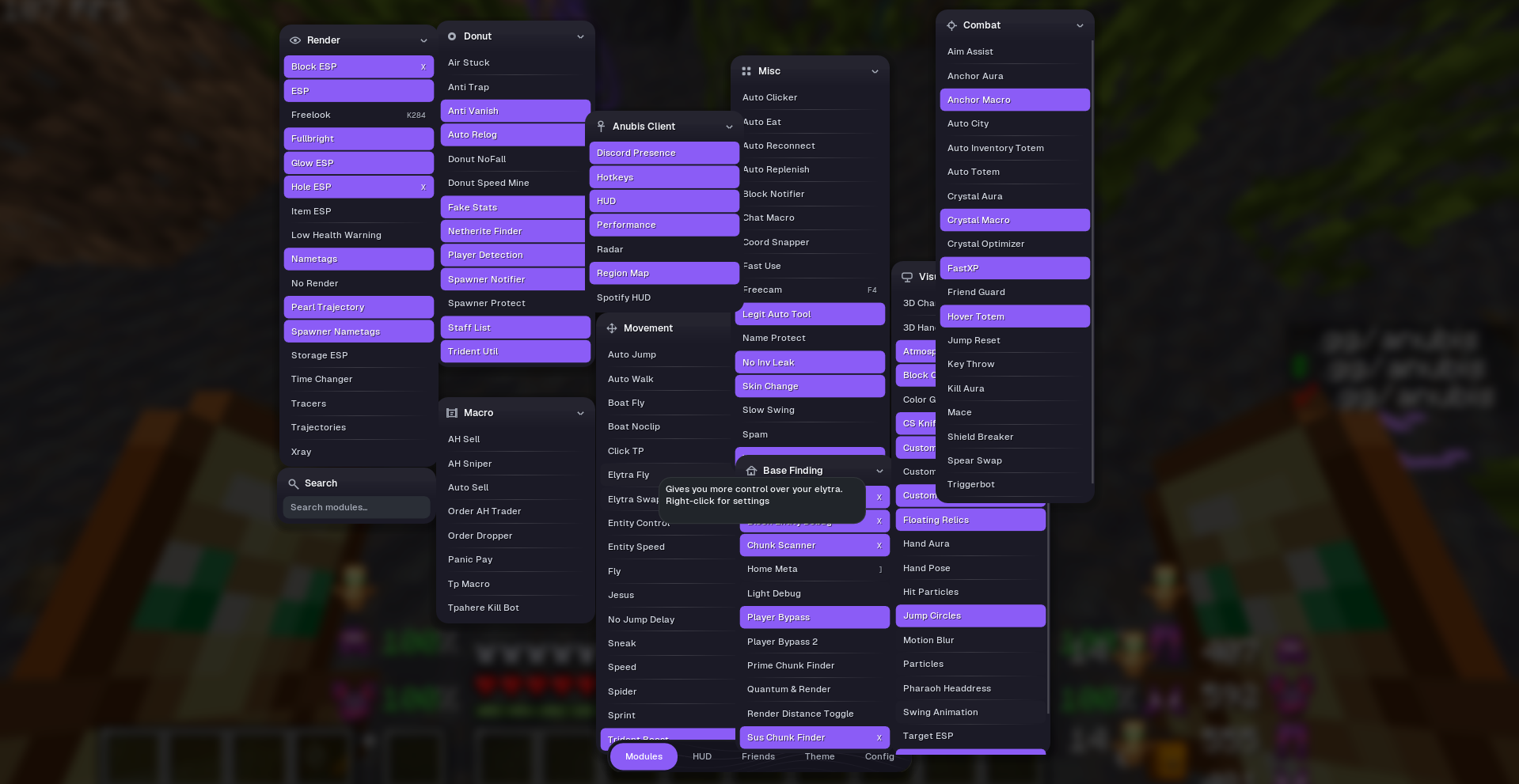 Anubis Client module GUI showing Combat, Render, Movement, Misc, Macro and Bypass categories